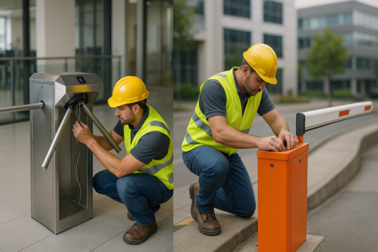 Barrera vehicular en acceso de estacionamiento
